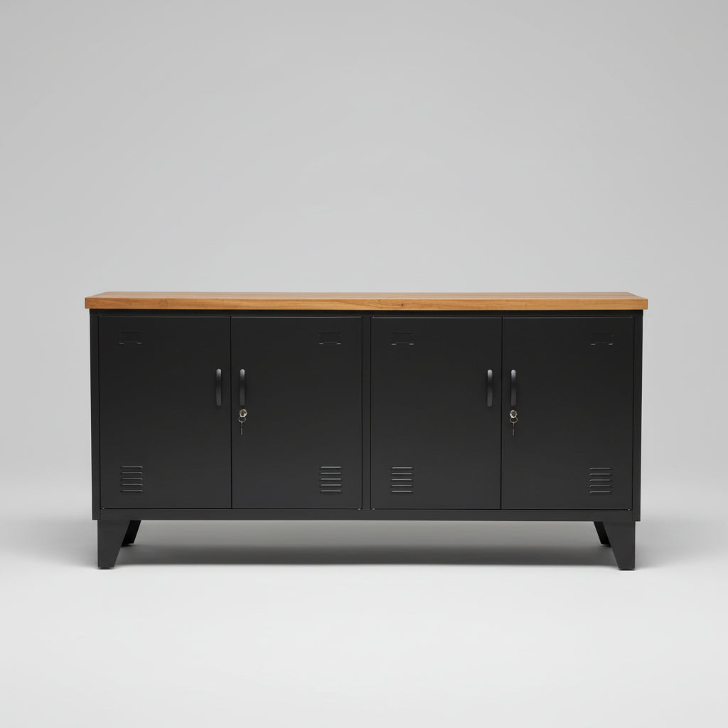 A black versatile metal locker with a recycled Rimu wooden top, featuring four doors and set against a white wooden background.