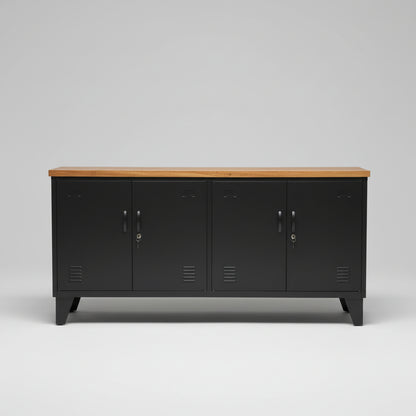 A black versatile metal locker with a recycled Rimu wooden top, featuring four doors and set against a white wooden background.