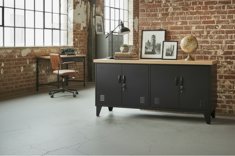 Black metal cabinet with wooden top against a brick wall in an industrial-style room.