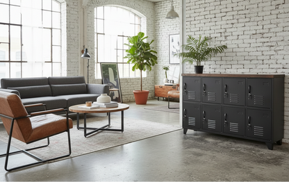 A dark oak topped metal sideboard locker with multiple doors, painted in black, with a potted plant to the side.