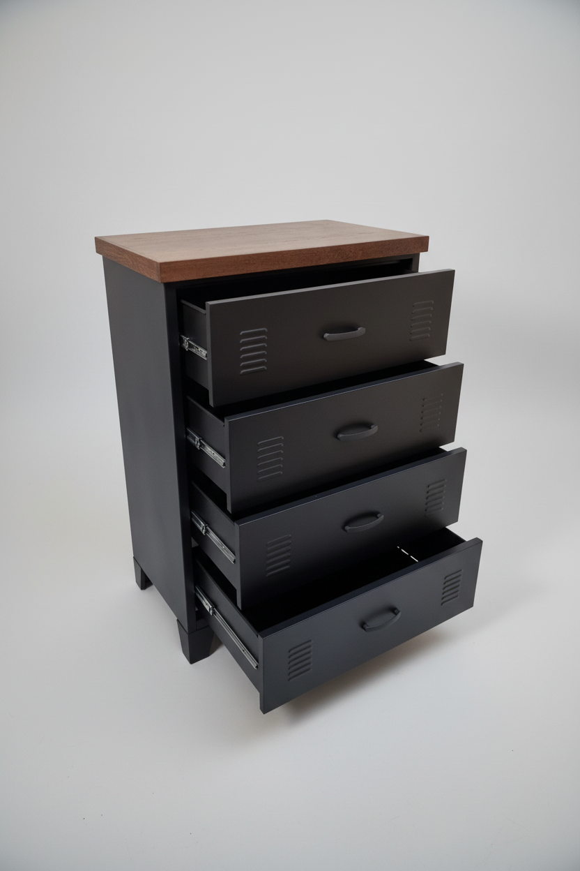 industrial black metal tallboy drawers with dark oak top, drawers open