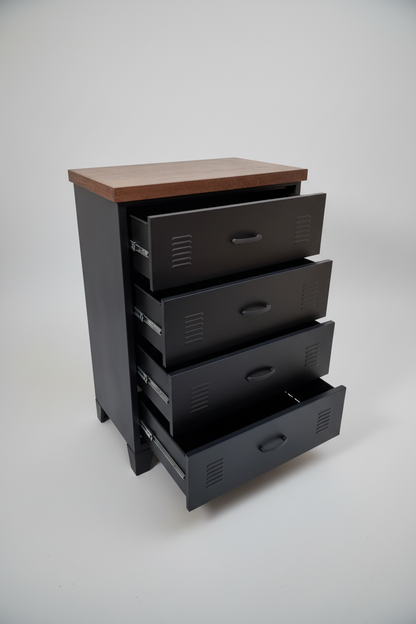 industrial black metal tallboy drawers with dark oak top, drawers open