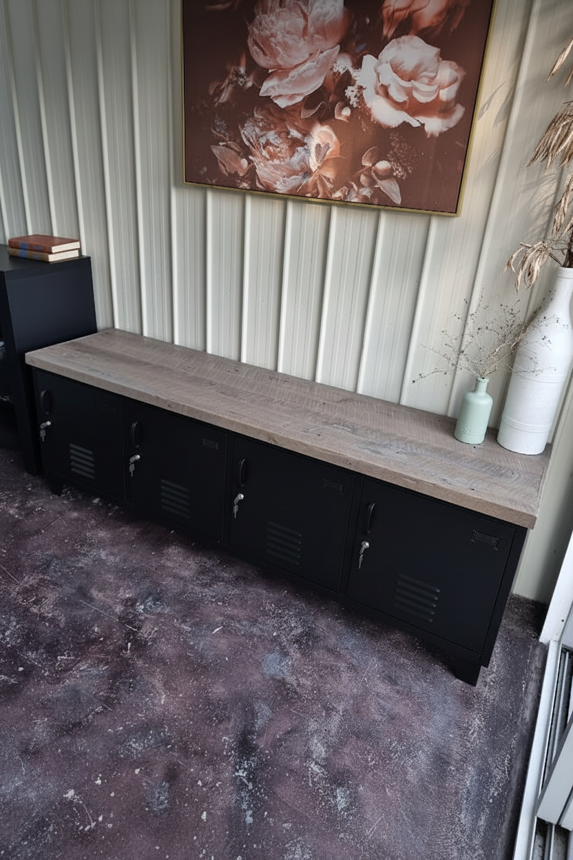 long Black metal bench with locker storage and rustic grey washed top