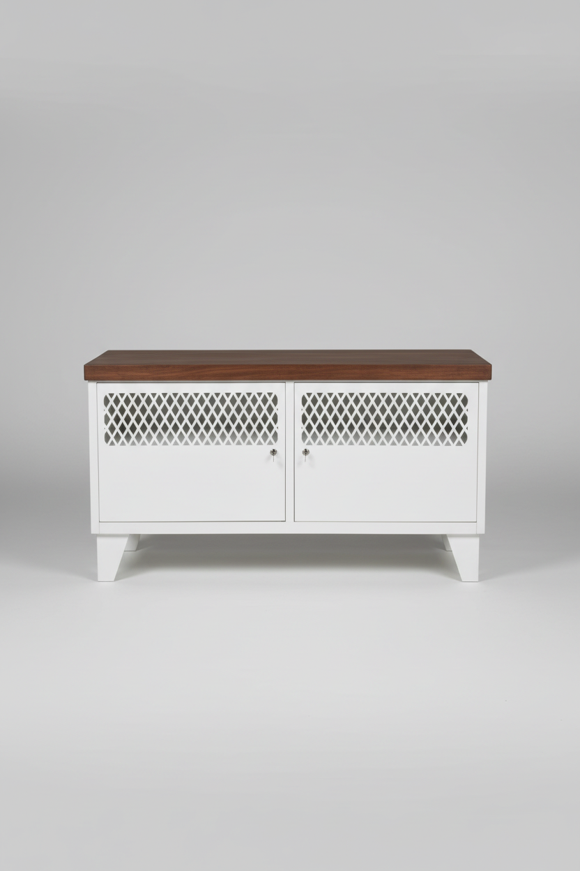 A white metal industrial TV cabinet with dark stained recycled Rimu top, lockable storage
