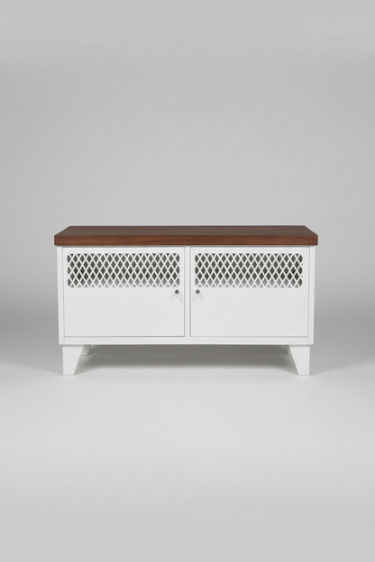 A white metal industrial TV cabinet with dark stained recycled Rimu top, lockable storage