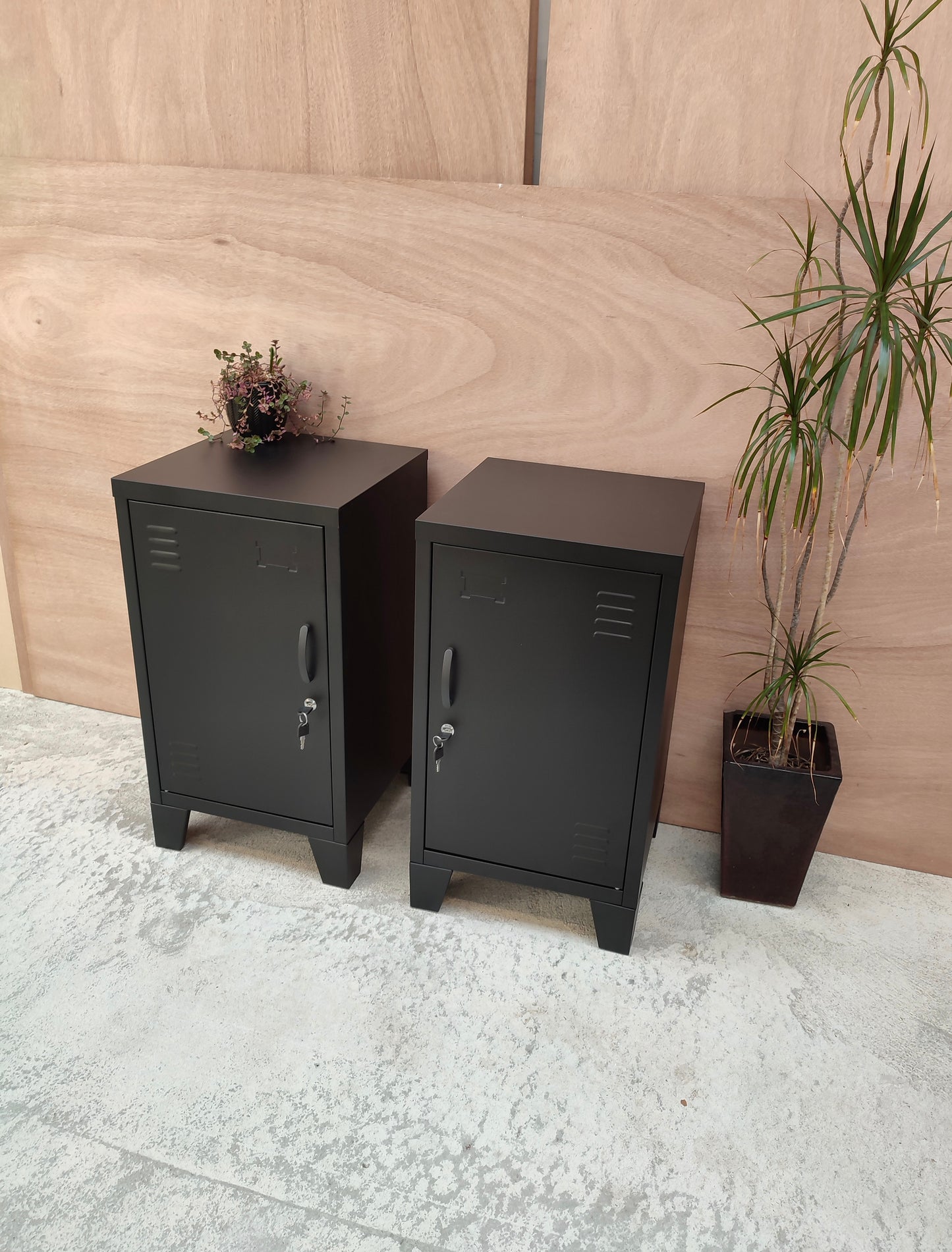 pair of black metal mini lockers with plants 