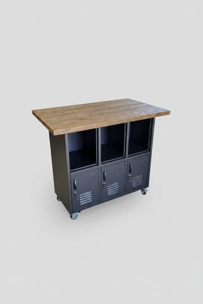 Black metal locker storage cabinet with Island rustic oak top , casters and open shelves