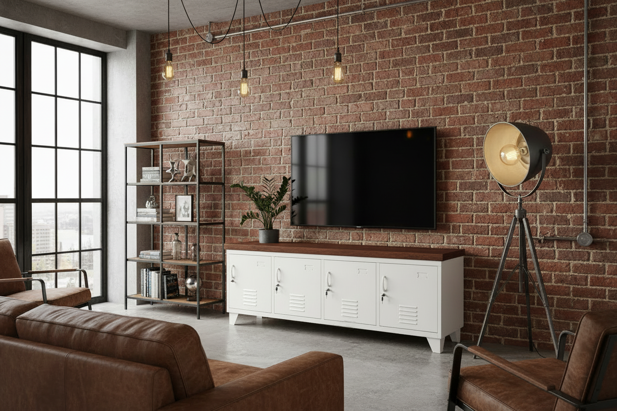 Large Industrial TV Cabinet - White - Dark Oak top
