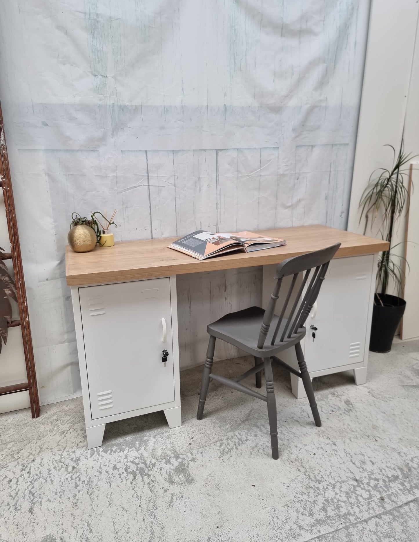 Small White Metal Industrial style Oak Desk