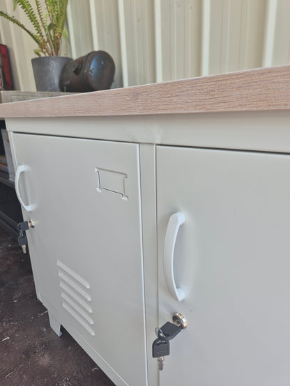 Seconds Large White Industrial TV Cabinet - WW Oak top