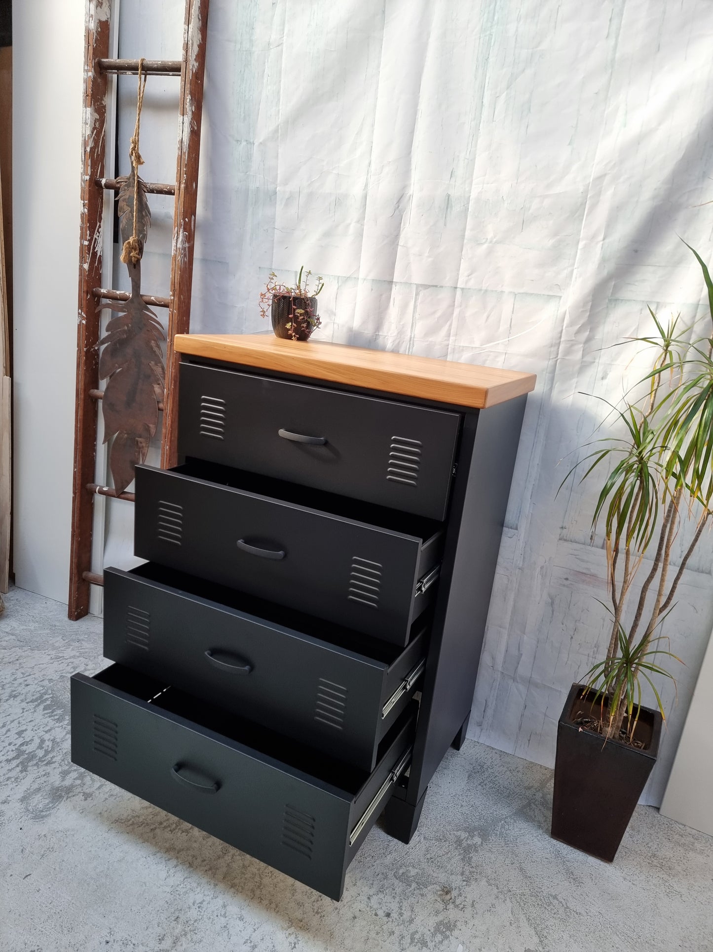 Black Tall boy Drawers Rimu top