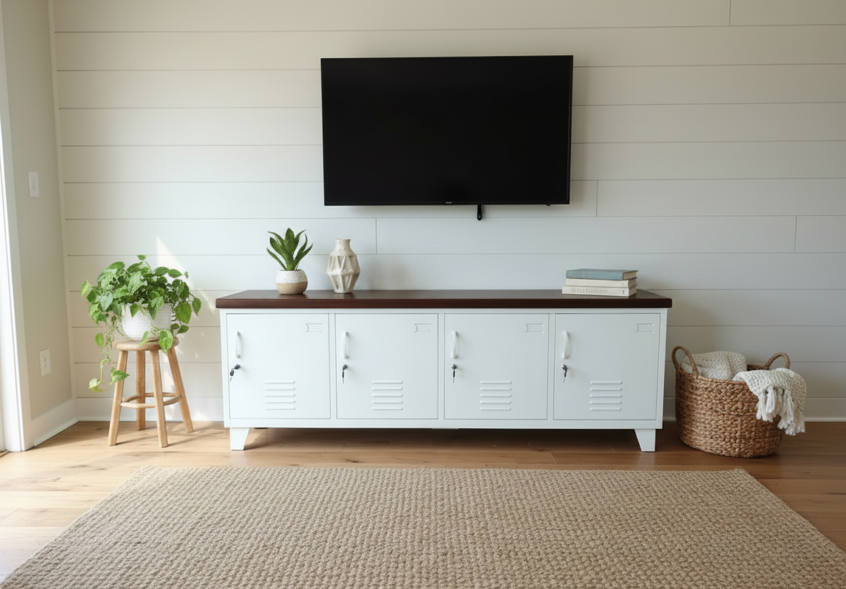 White metal entertainment console with Dark Rimu top in a room with a TV mounted on the wall.