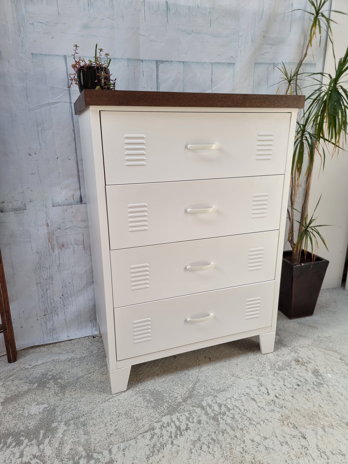 White Tall boy Drawers Dark Oak top