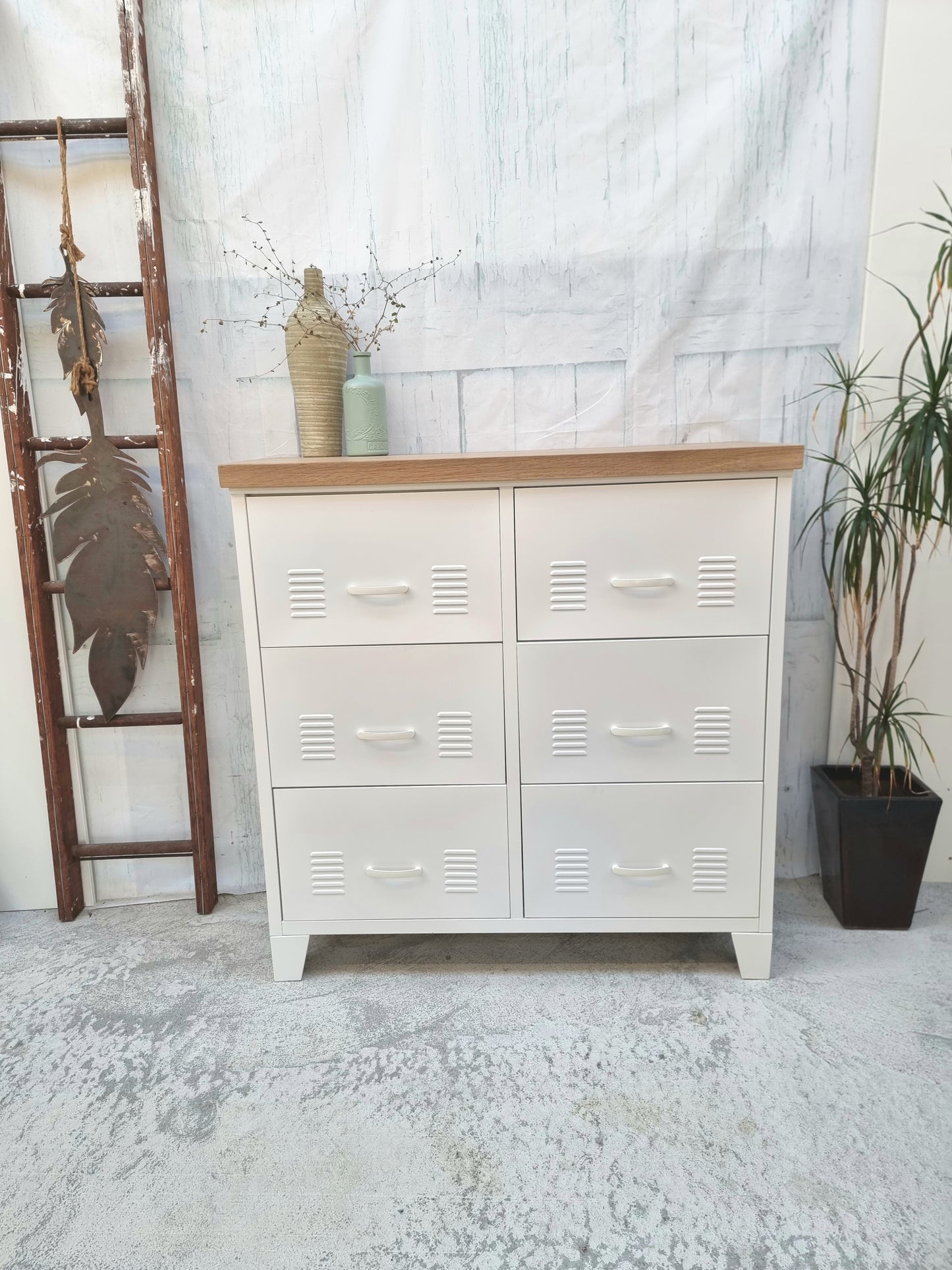 White 6 Drawer - Oak top