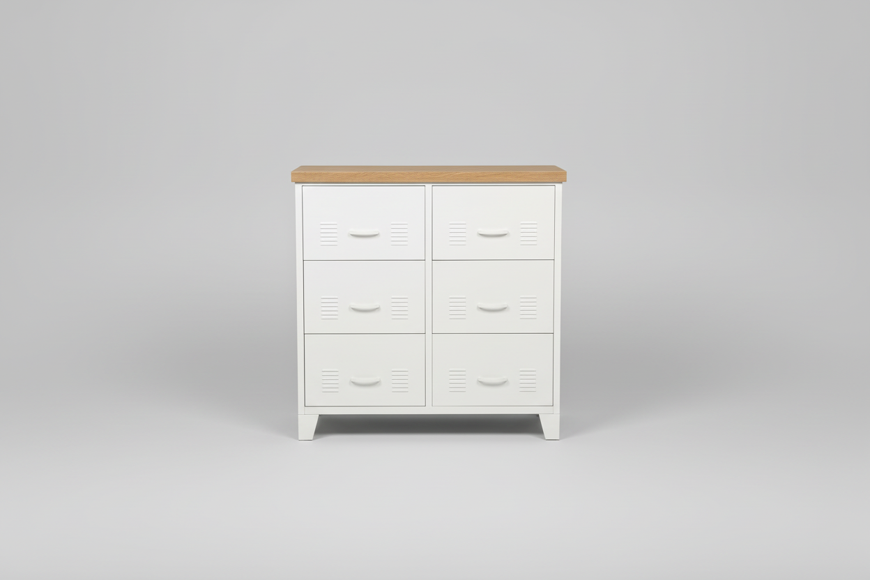 White Metal 6 Drawer Cabinet with Oak top