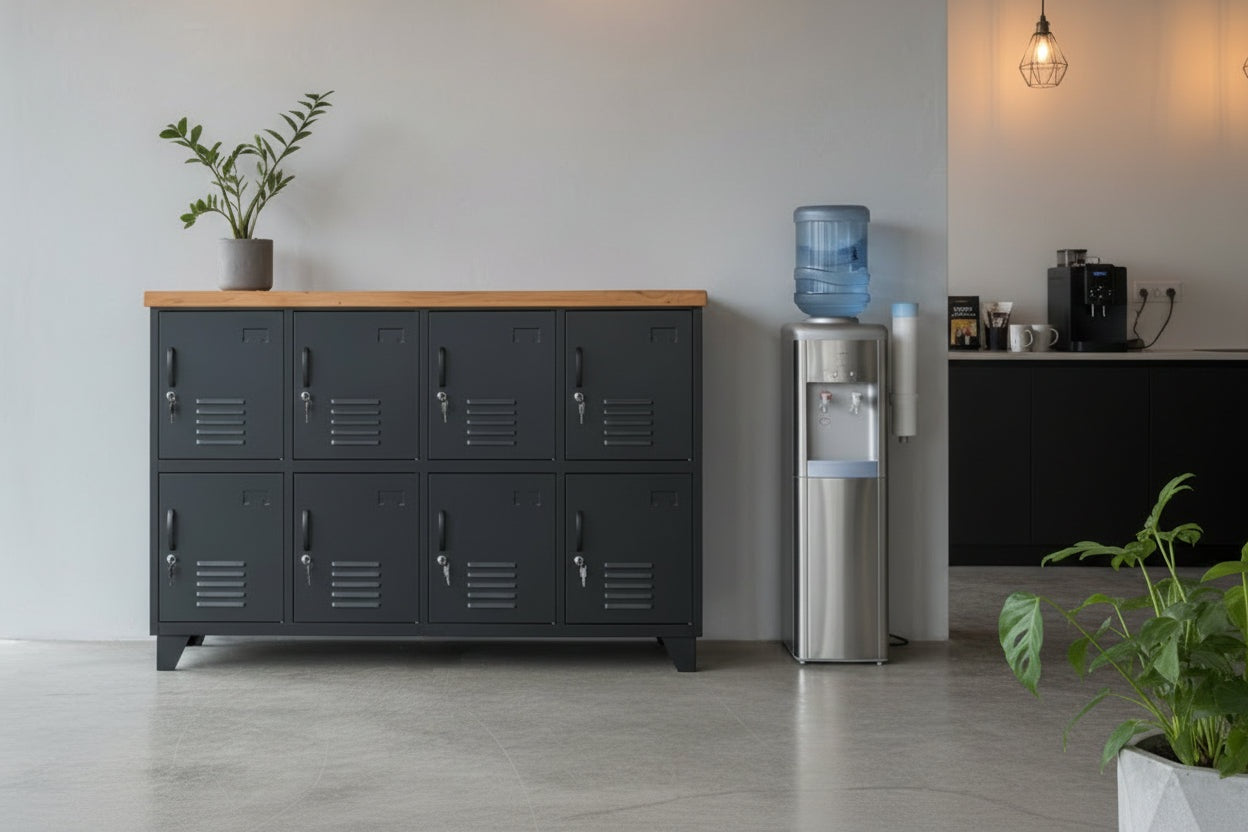 Black 8 Door Metal Locker Cabinet - Rimu Top