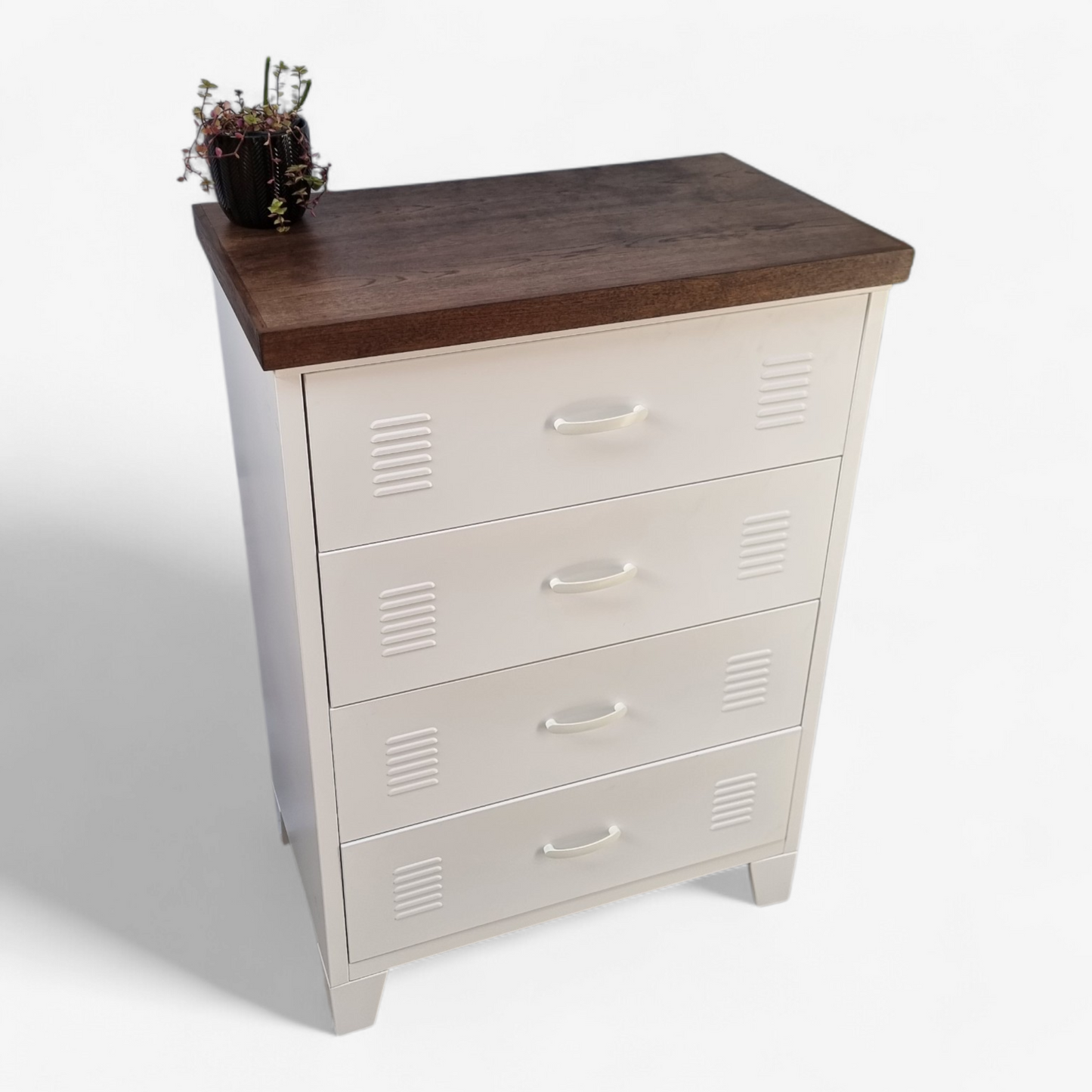 White Metal Tallboy Drawer Cabinet with Dark Oak top