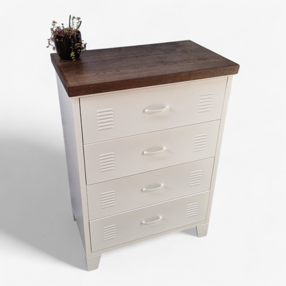 White Metal Tallboy Drawer Cabinet with Dark Oak top