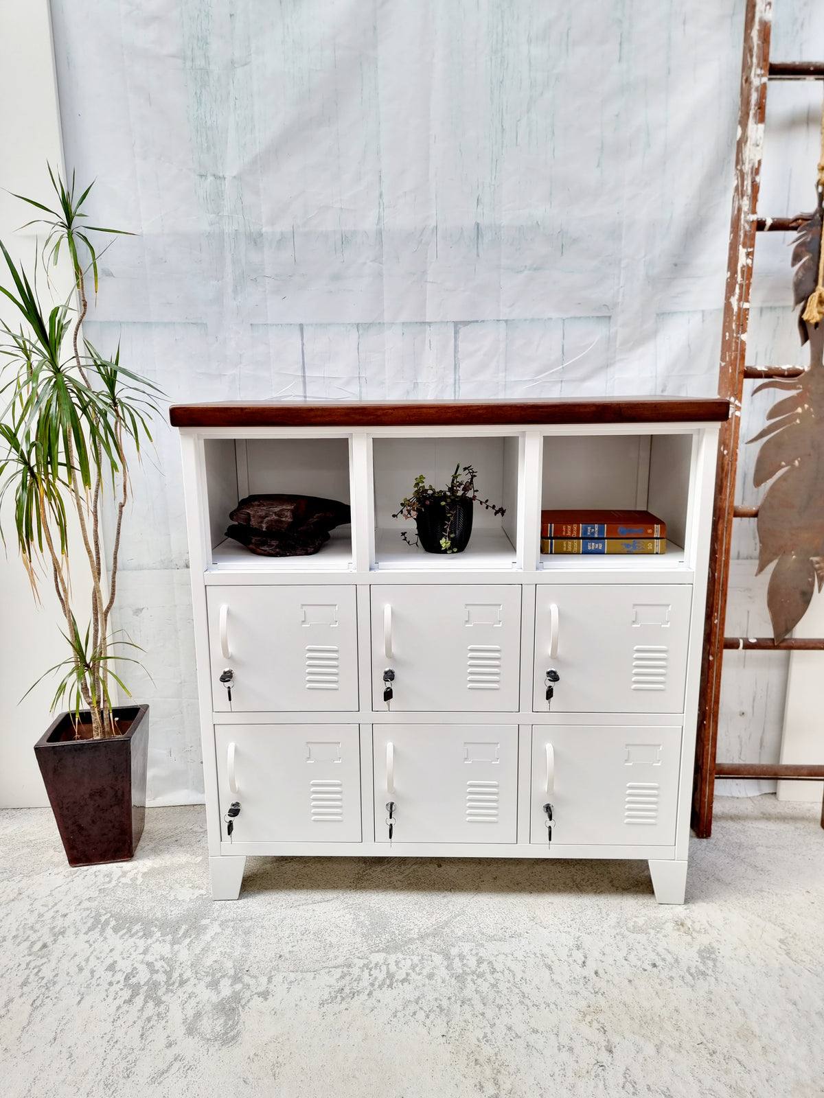 White 9 door locker with dark stained Rimu top, placed against a wall with a decorative plant to the side and a wooden ladder in the background.