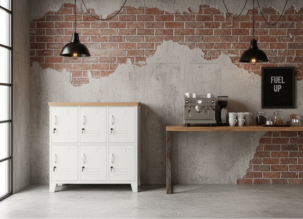 White 6 Door Metal Locker Cabinet with Oak top