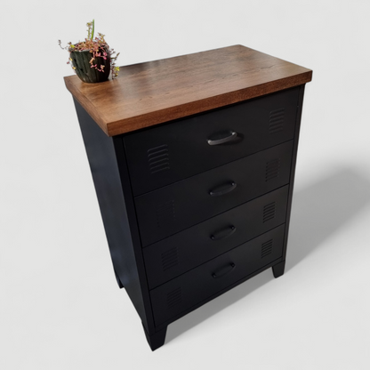 Black Metal Tallboy Drawer Cabinet with Dark Oak top
