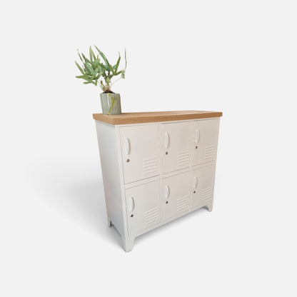 White 6 Door Metal Locker Cabinet with Oak top