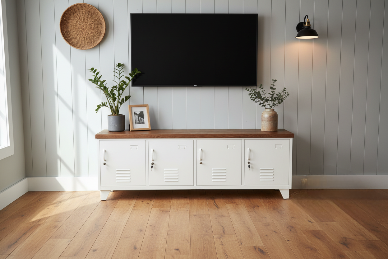Large Industrial TV Cabinet - White - Dark Oak top