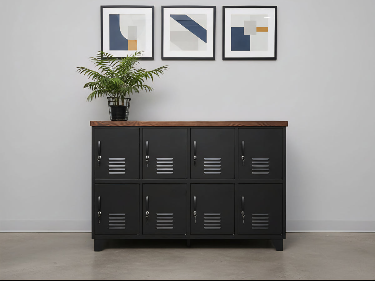 Black 8 Door Metal Locker Cabinet - Dark Oak top