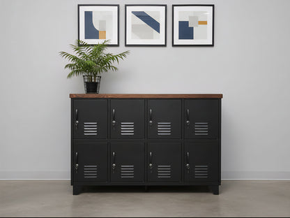 Black 8 Door Metal Locker Cabinet - Dark Oak top