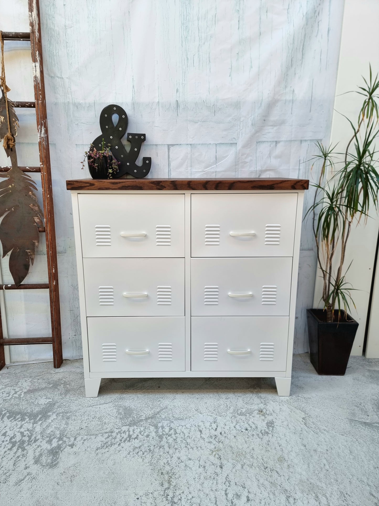 White 6 Drawer - Dark Oak top