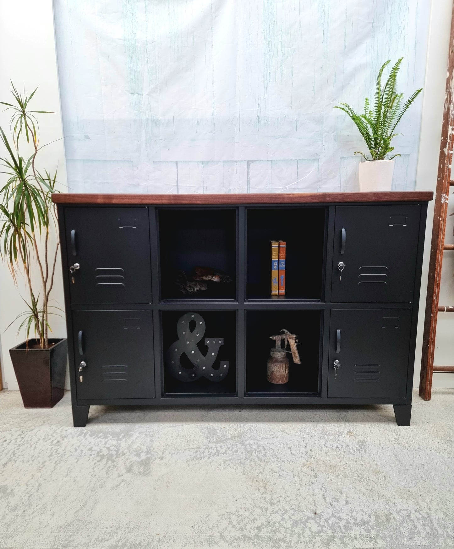 Black 8 Door Sideboard Locker- Dark Rimu top