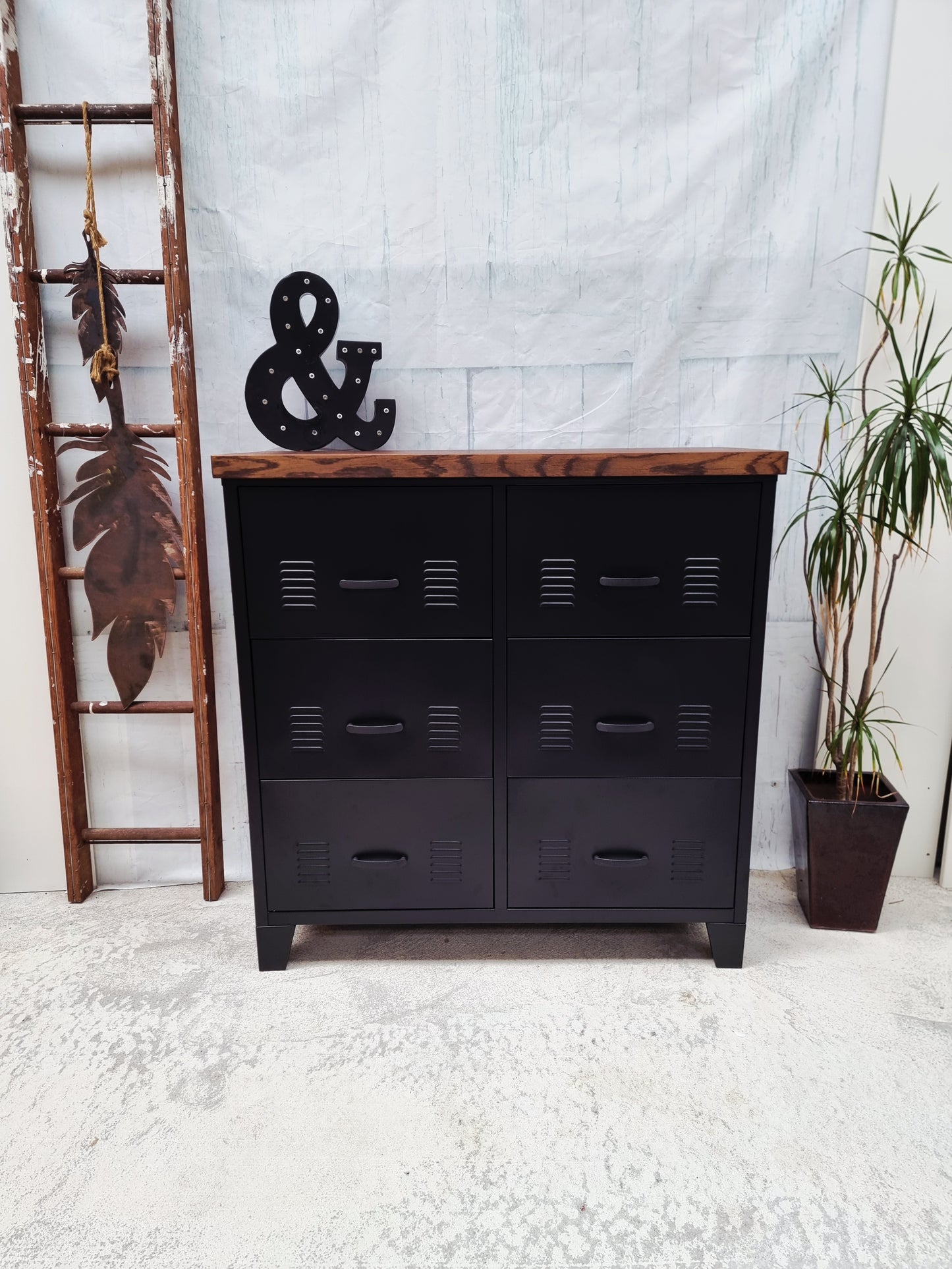 Black 6 Drawer -Dark Oak top