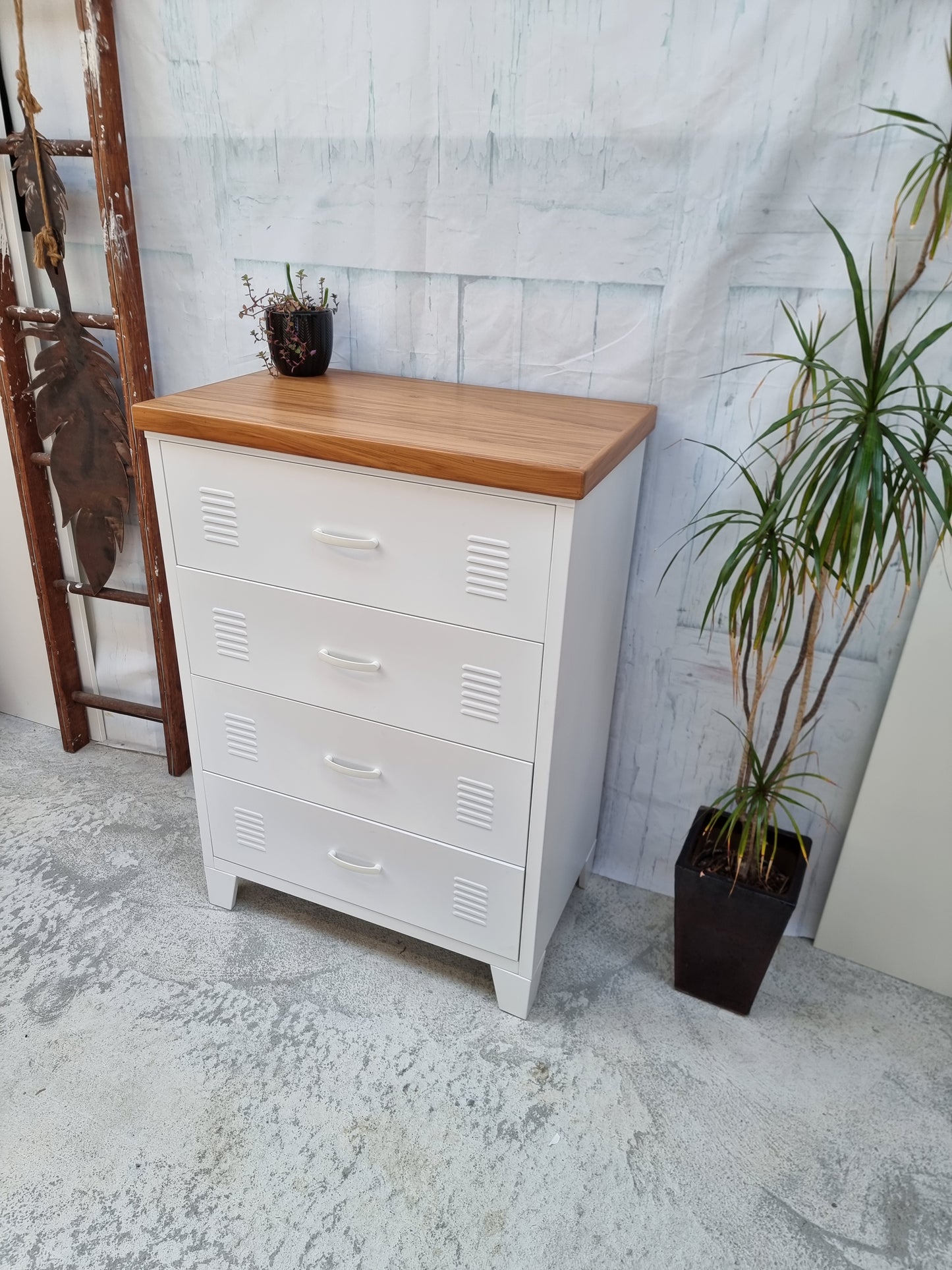 White Tall boy Drawers Rimu top