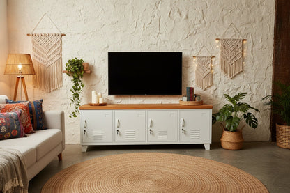 Large Industrial TV Cabinet -White - Rimu top