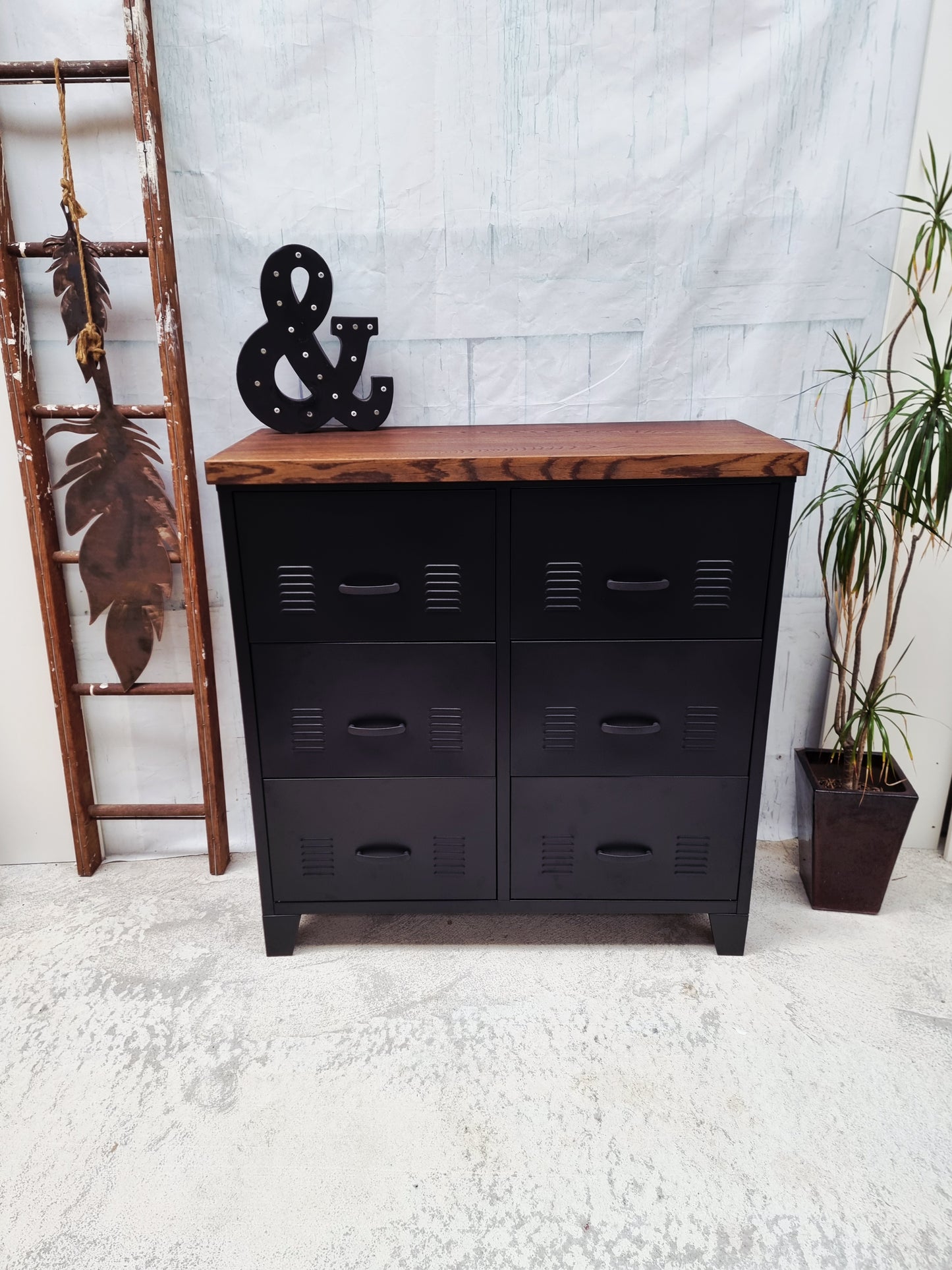 Black 6 Drawer -Dark Oak top