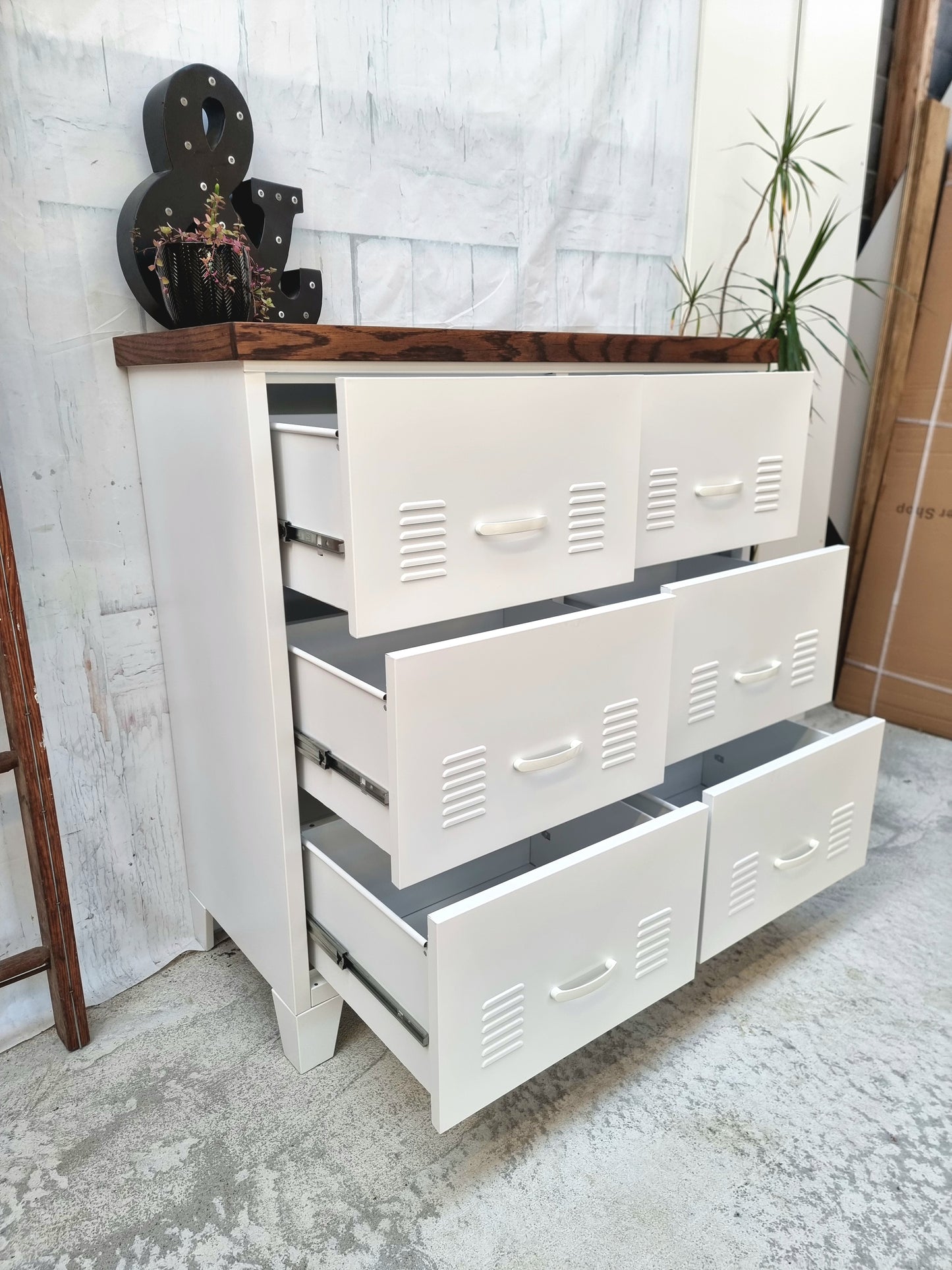 White 6 Drawer - Dark Oak top
