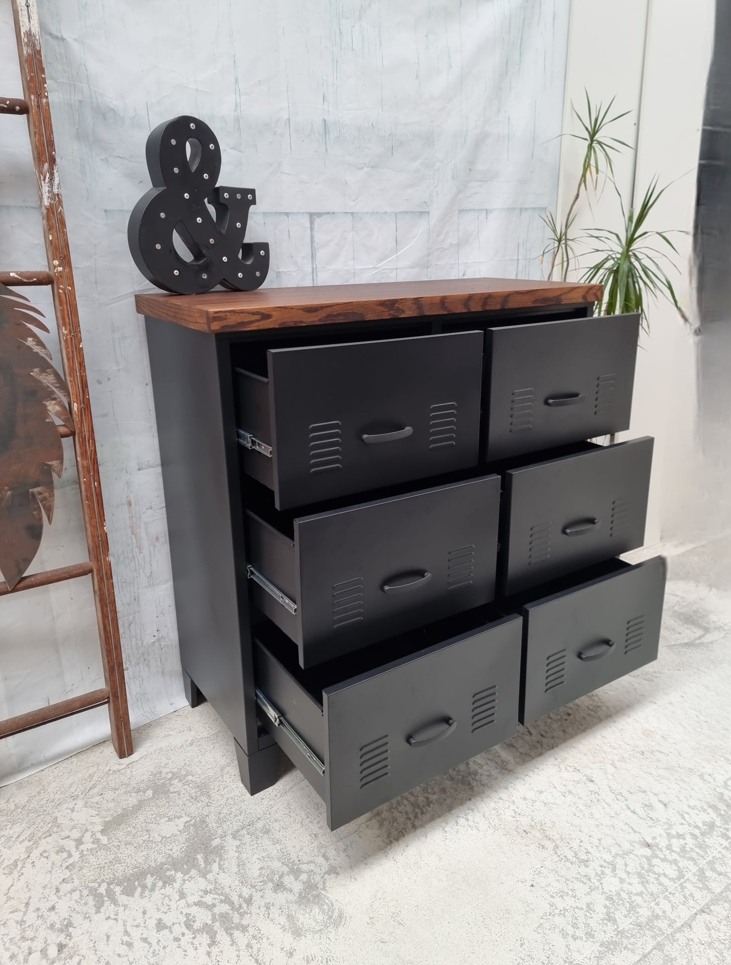 Black 6 Drawer -Dark Oak top