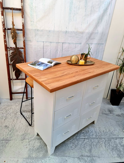 White 6 Drawer with Island Rimu top