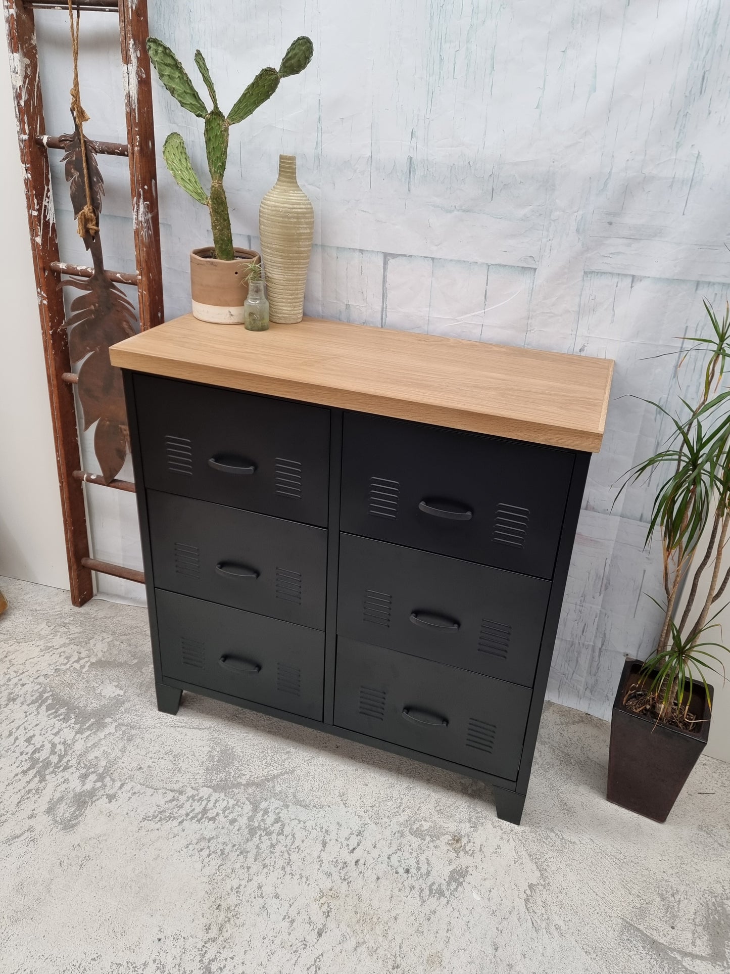 Black 6 Drawer - Oak top