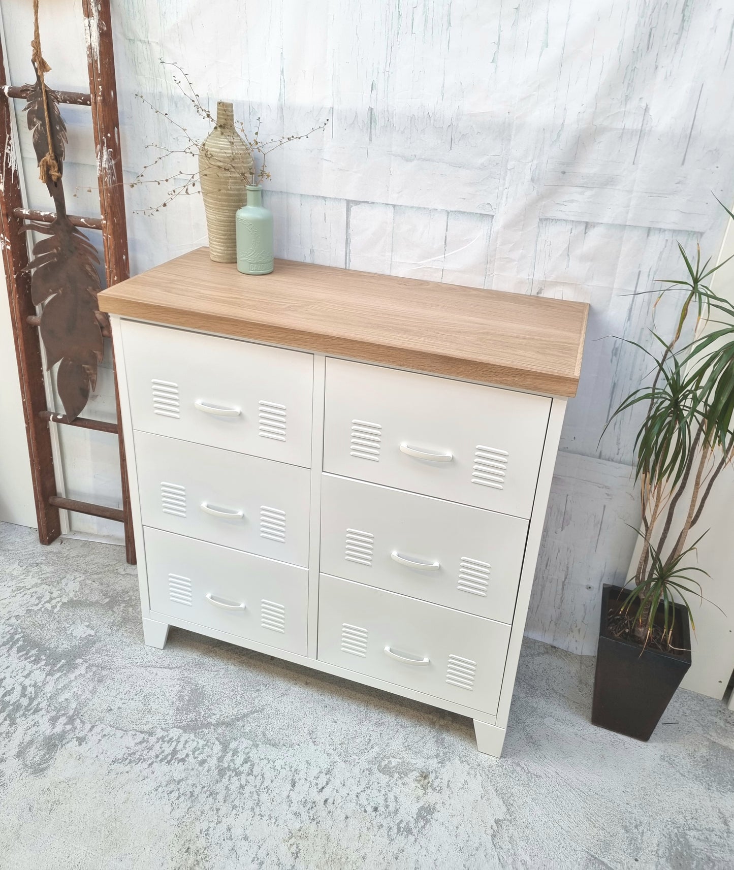White 6 Drawer - Oak top