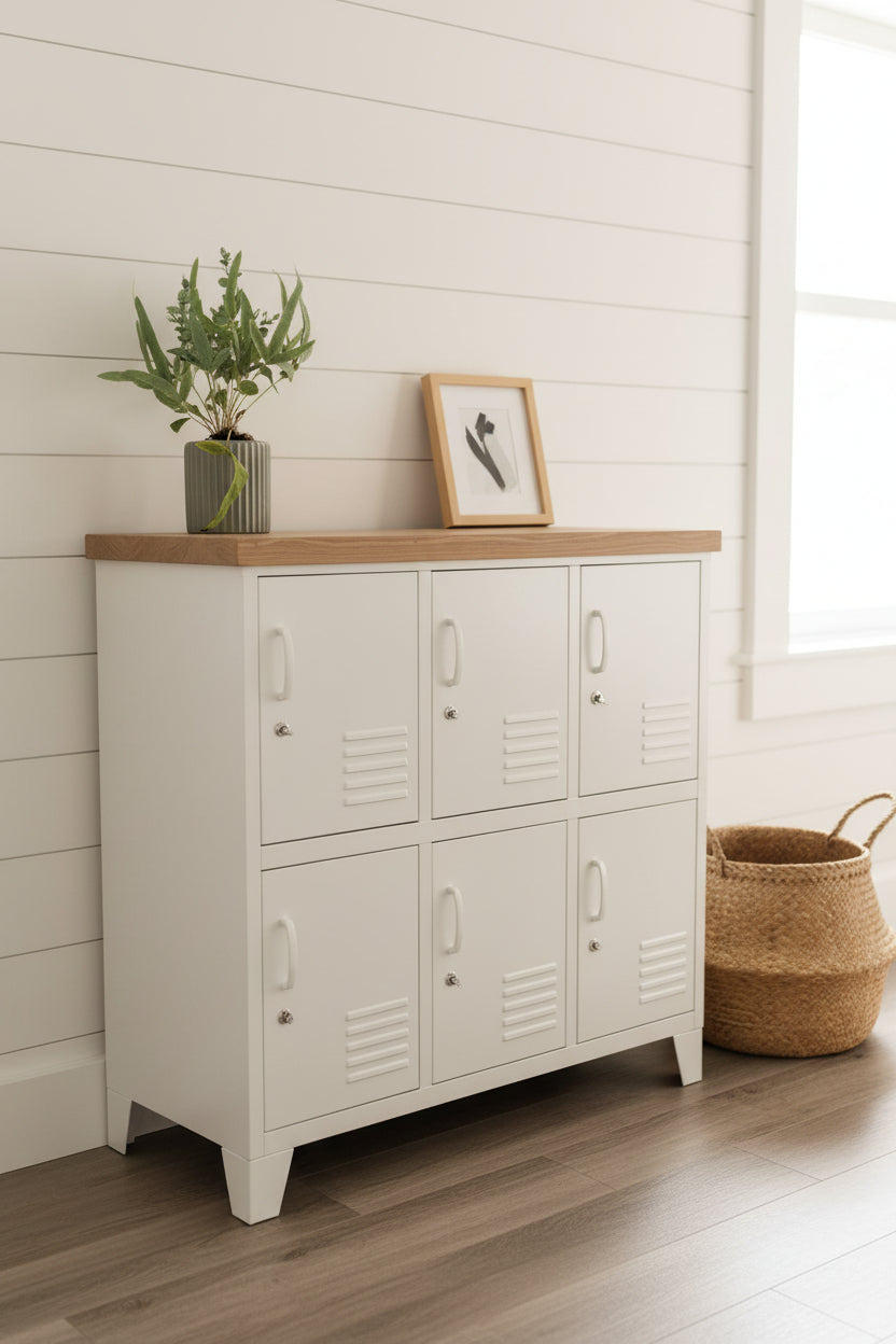 A white six-door metal locker storage cabinet with a light Oak top, in a light farmhouse style living room