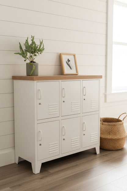 A white six-door metal locker storage cabinet with a light Oak top, in a light farmhouse style living room