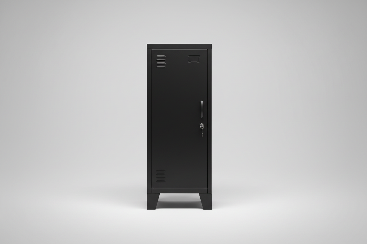 small narrow Black locker cabinet on a gray background