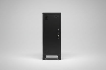 small narrow Black locker cabinet on a gray background