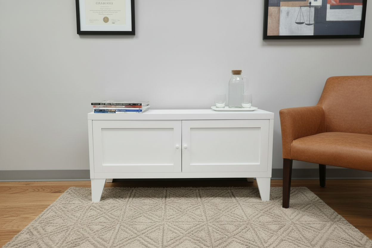 small white metal storage cabinet in a waiting room