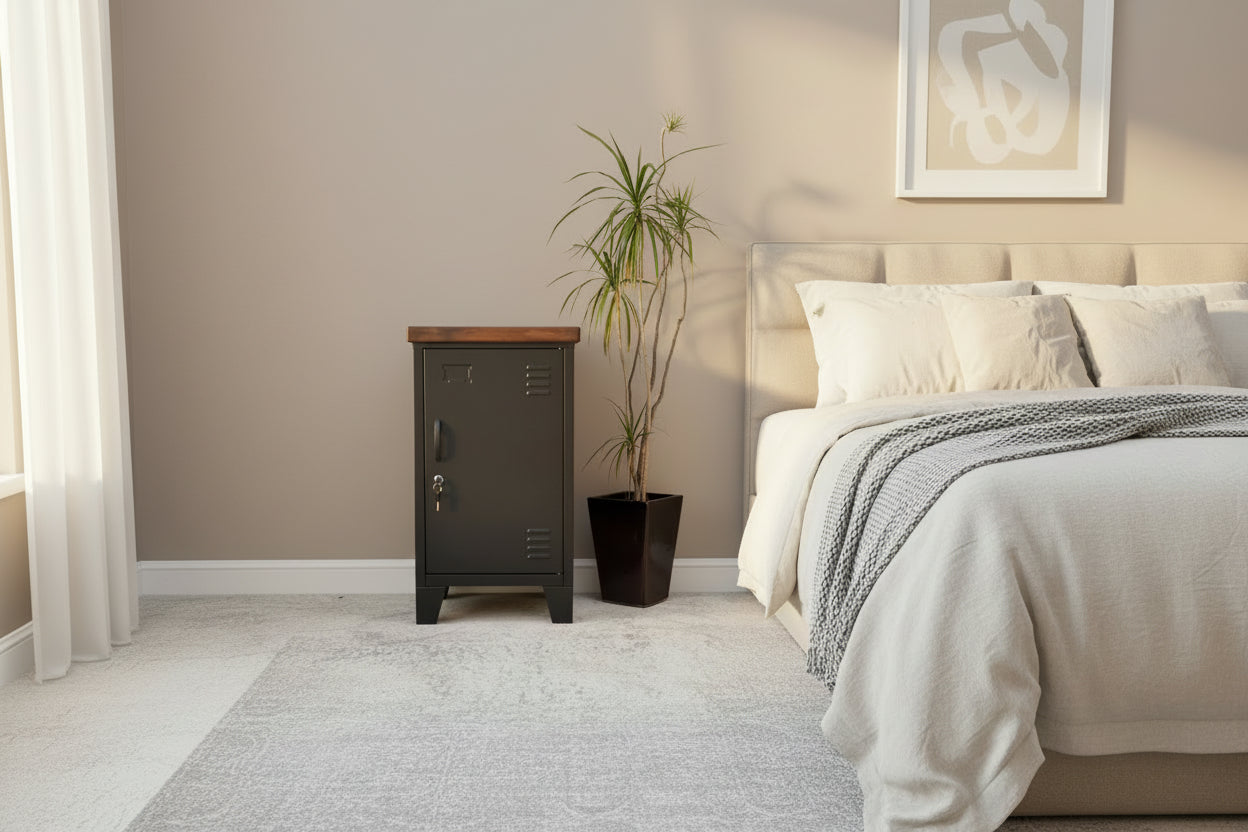 stunning black locker with dark rimu set in a bedroom as a bedside table 