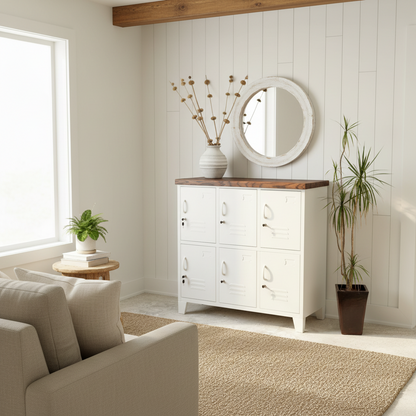 A white 6-door locker with a dark oak top, positioned in a room with a white wall and a plant to the side.