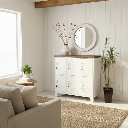 A white 6-door locker with a dark oak top, positioned in a room with a white wall and a plant to the side.