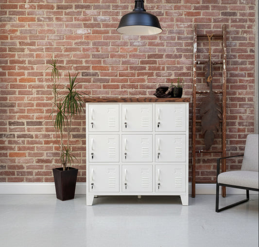 A white metal 9-door locker with a dark oak top in a waiting room 