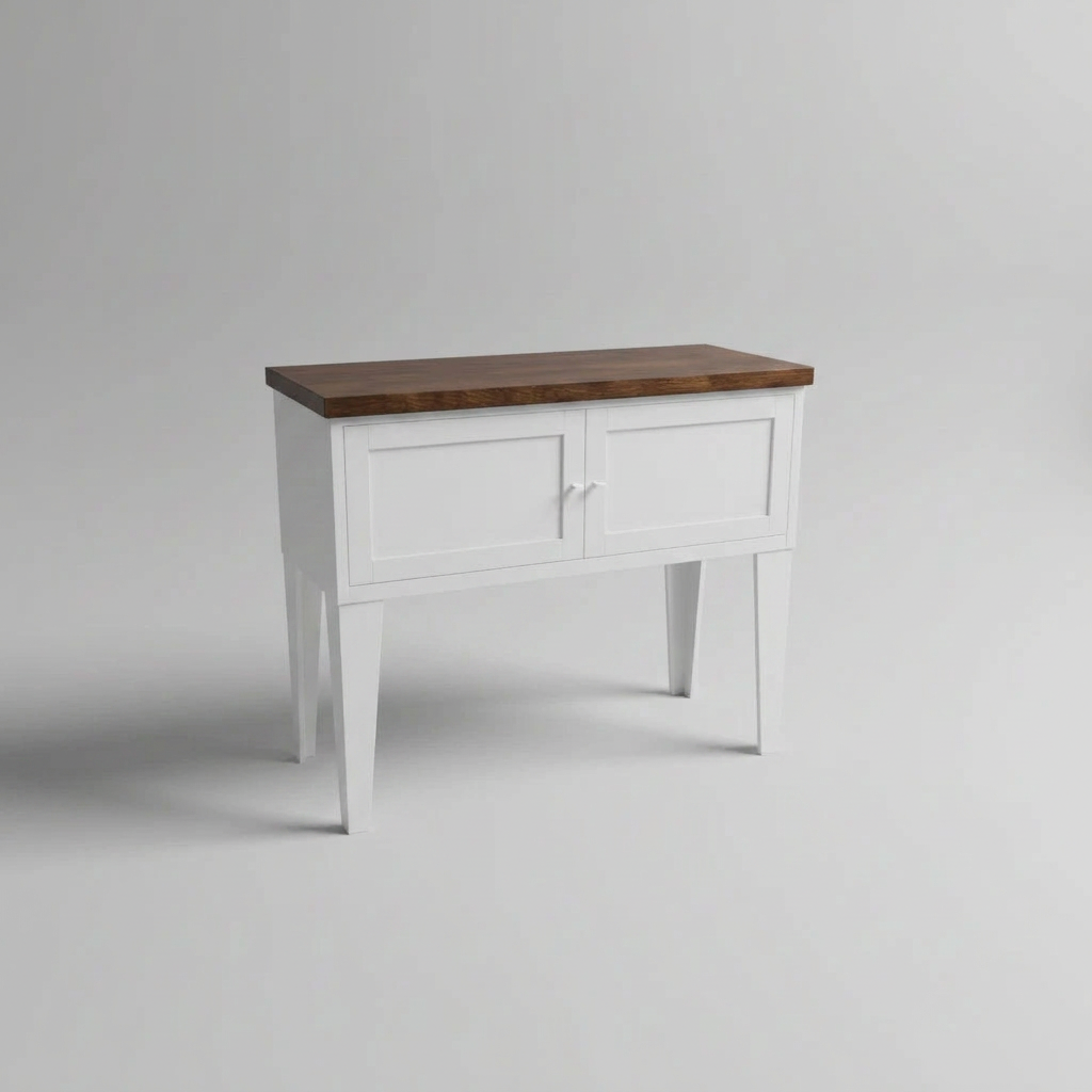 White Metal Hall table console with dark Oak top in grey studio shot